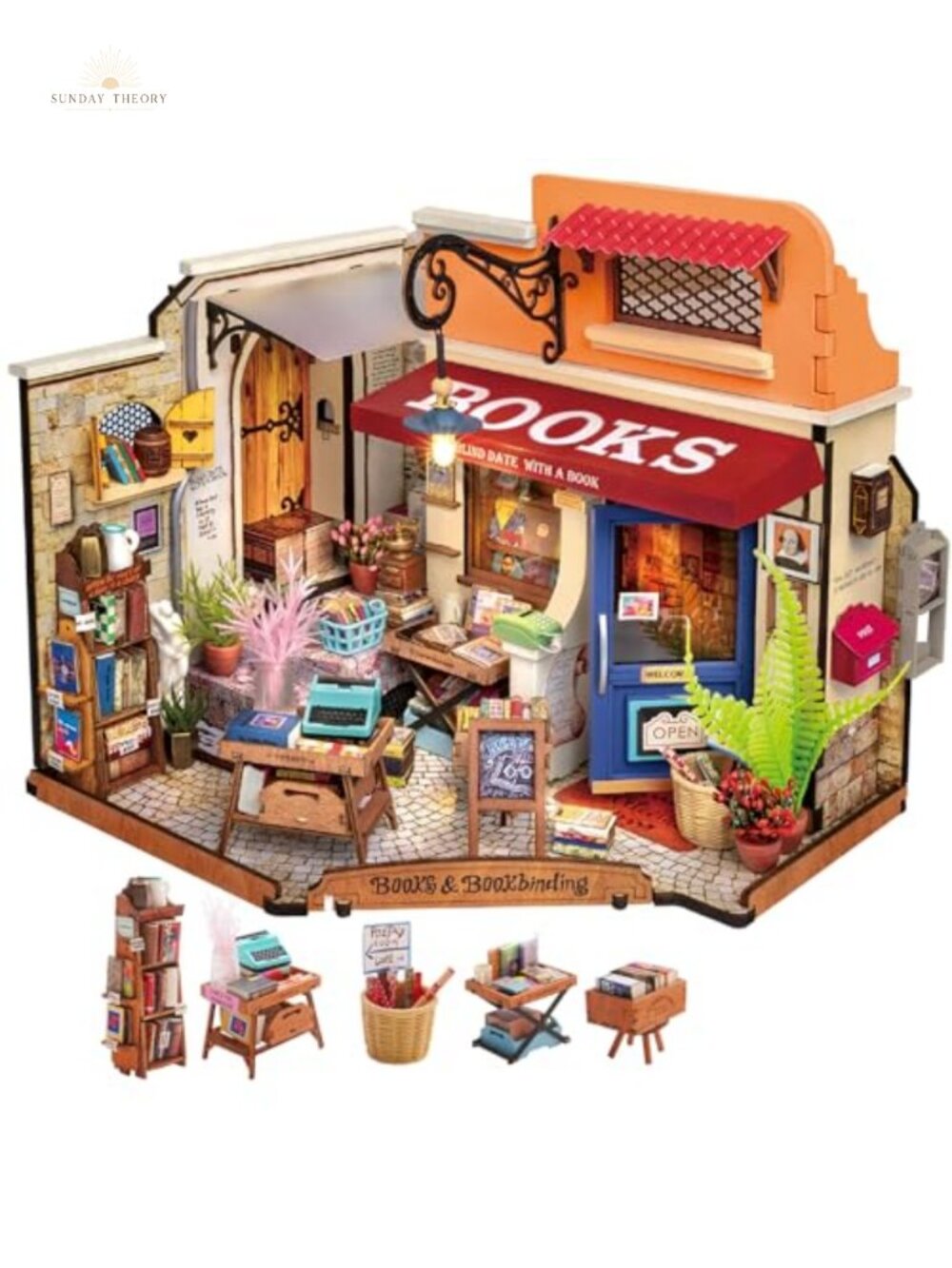 Miniature Dollhouse Kit Bookstore DIY 3D Wooden Puzzle Model LED Light